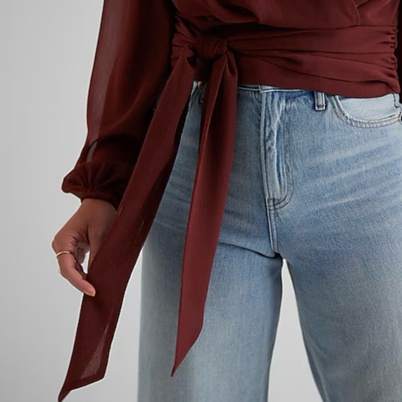 Express Womens Top Size XS V-Neck Faux Wrap Tie Waist Long Sleeves Lined NWT $54 - Picture 2 of 16